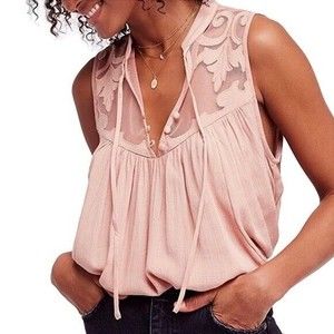 Free People Sz Small Western Romance Rose Pink Mesh Applique Sleeveless Top